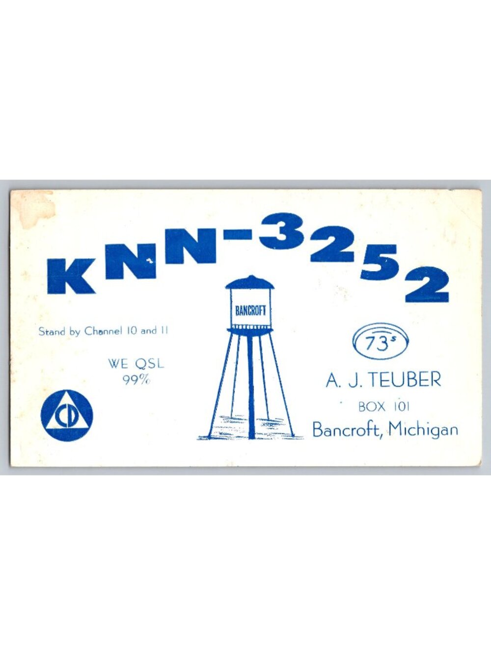 Vintage CB QSL Card KNN-3252 A J Teuber Bancroft Michigan Water Tower